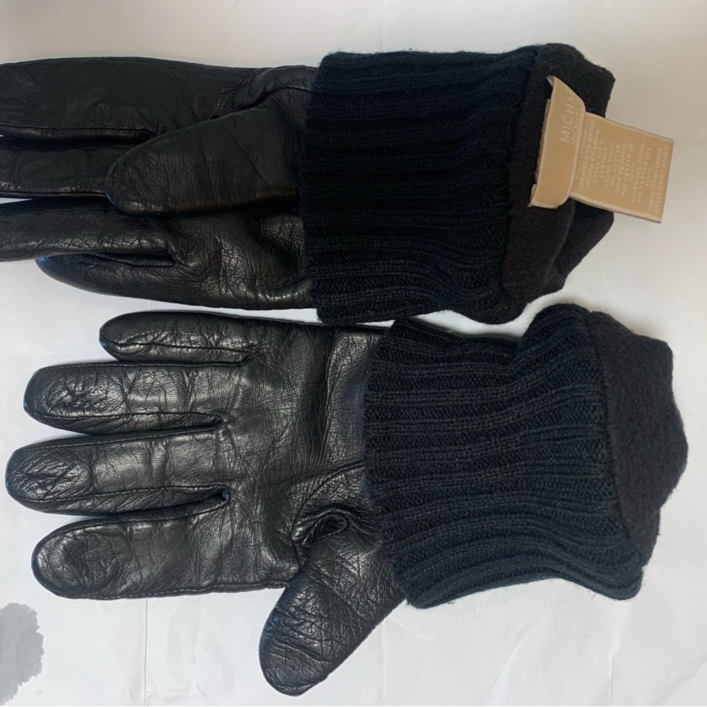 Michael Kors Black Leather Long Gloves with Knit Top